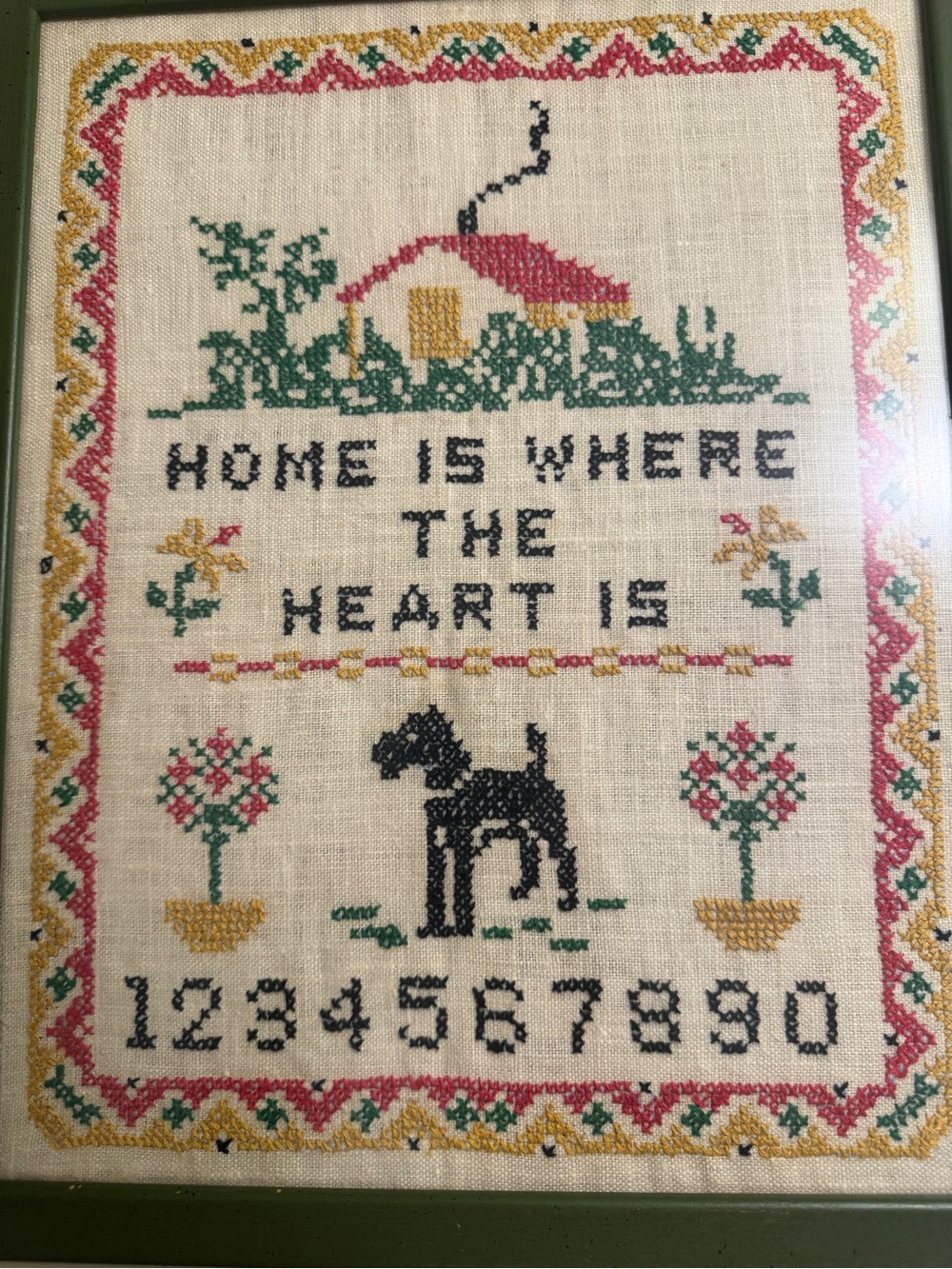 Framed Cross-Stitch Sampler - Green Frame, Multicolor Stitch, 14x11.5in - Picture 2 of 4